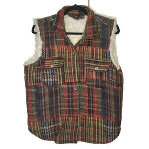 Vintage Urban Wool Blend Patchwork Plaid Faux Sherpa Lined Vest